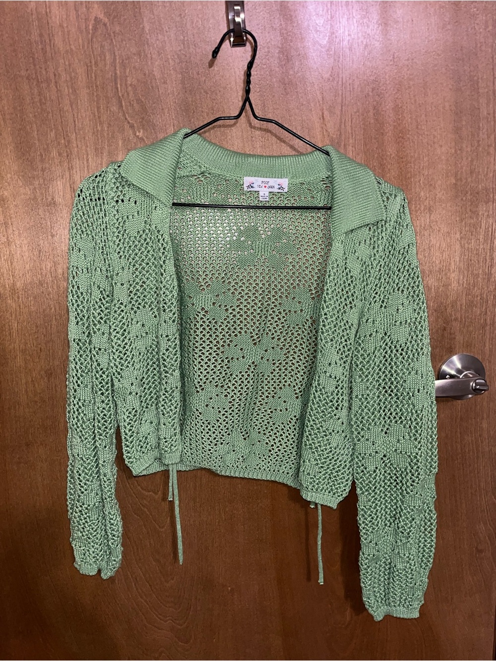 Poof Green Knit Cardigan with Collar and Front Ties